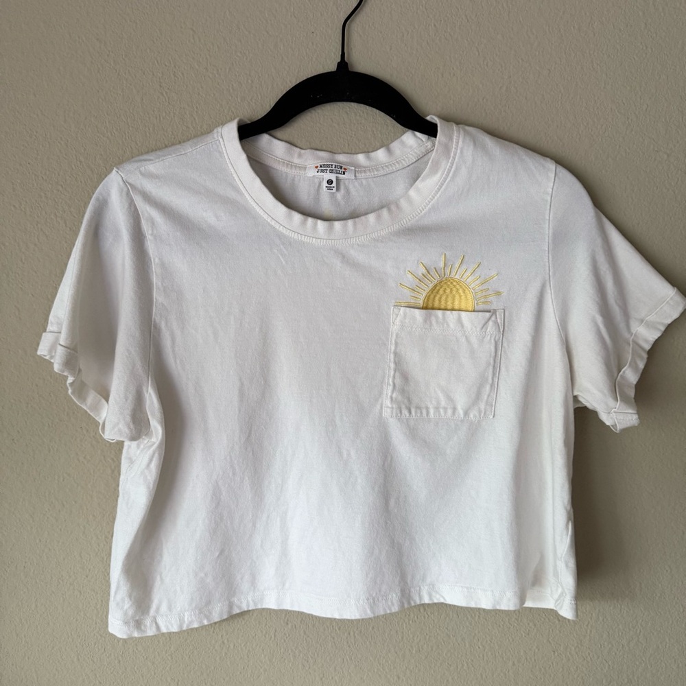 Messy Bun Just Chillin White Crop Top Pocket Embroidered Yellow Sun Christian
